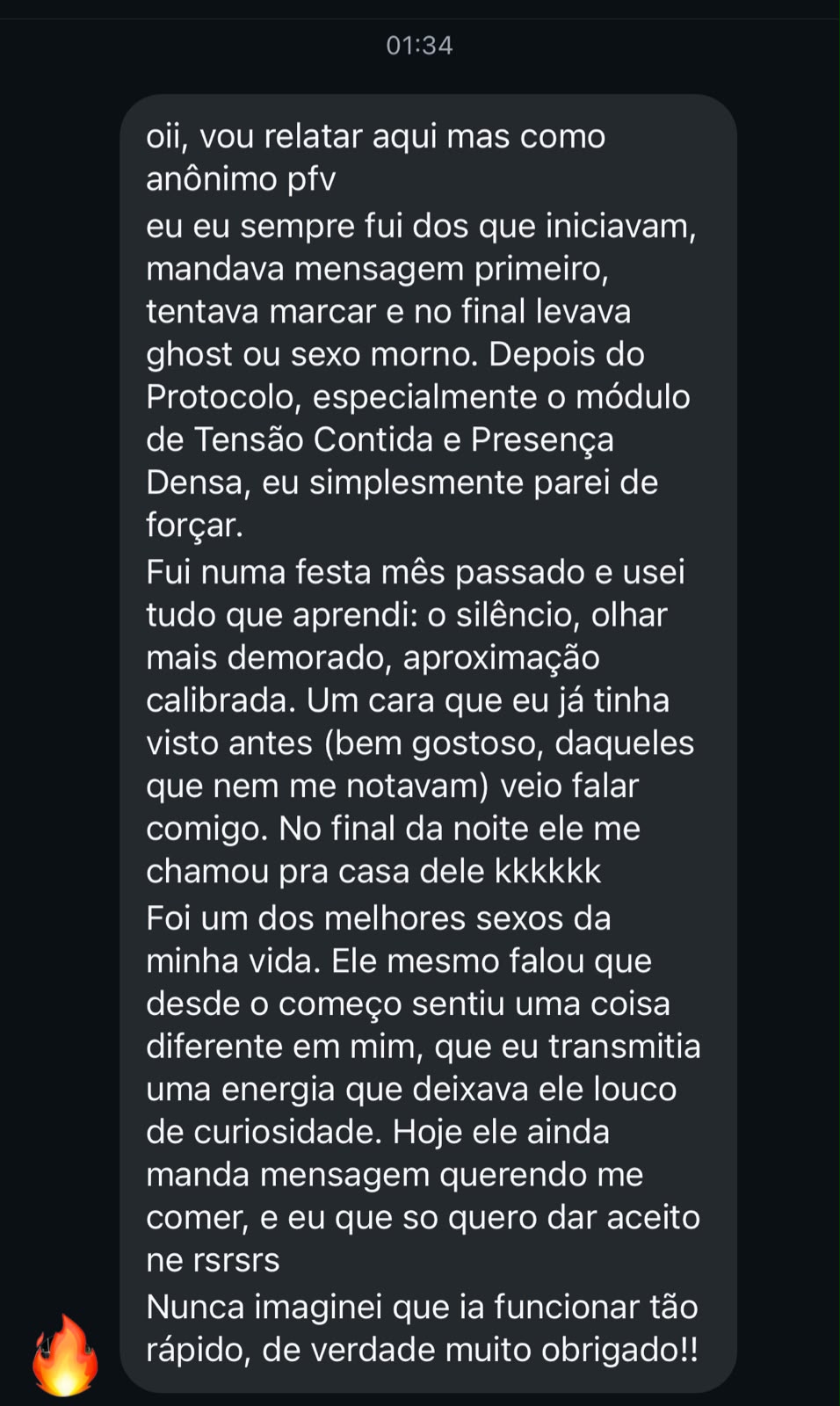 Relato real de cliente sobre o Protocolo M3 — conversa do WhatsApp